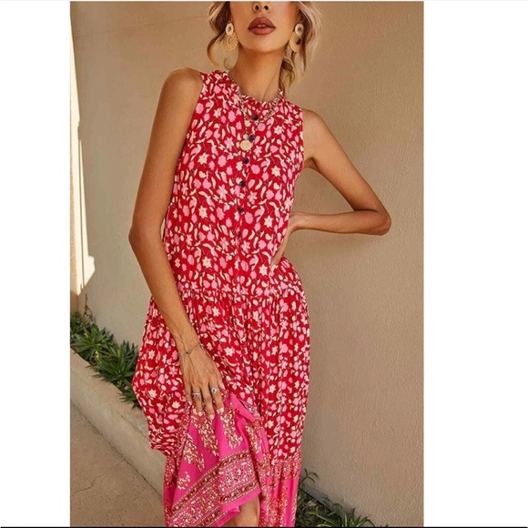R. Vivimos Red Floral Sleeveless Maxi Dress Flowy Boho Ruffle Cottage SZ Large - Picture 14 of 14